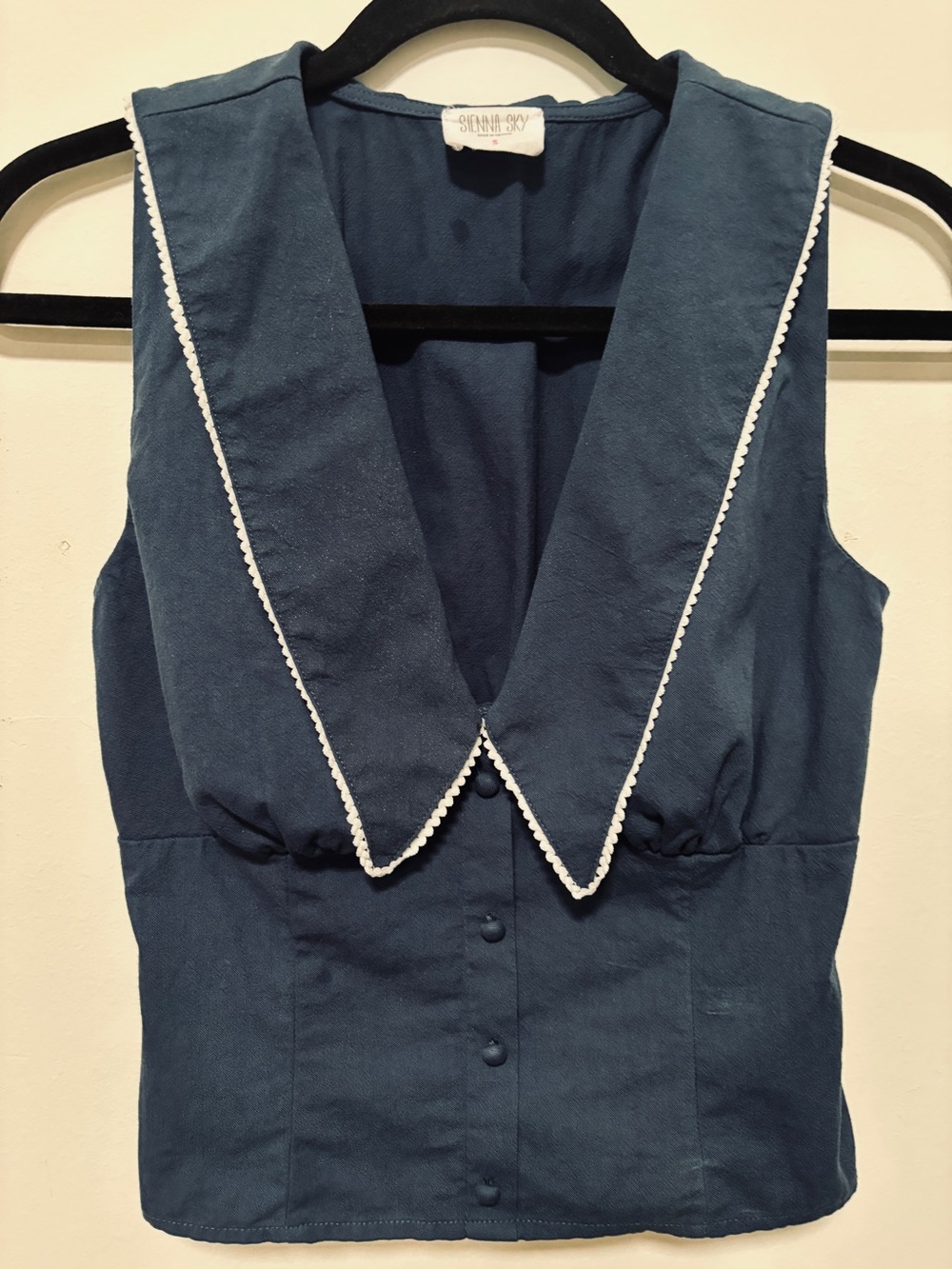 Sienna Sky navy blue sleeveless vest wide sailor collar white lace S